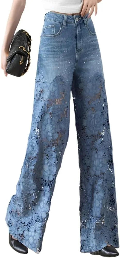 

Женские летние джинсы с кружевными вставками и потертостями Nupucy