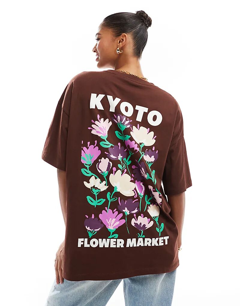 

Футболка свободного кроя ASOS DESIGN коричневого цвета с принтом Kyoto Flower Market