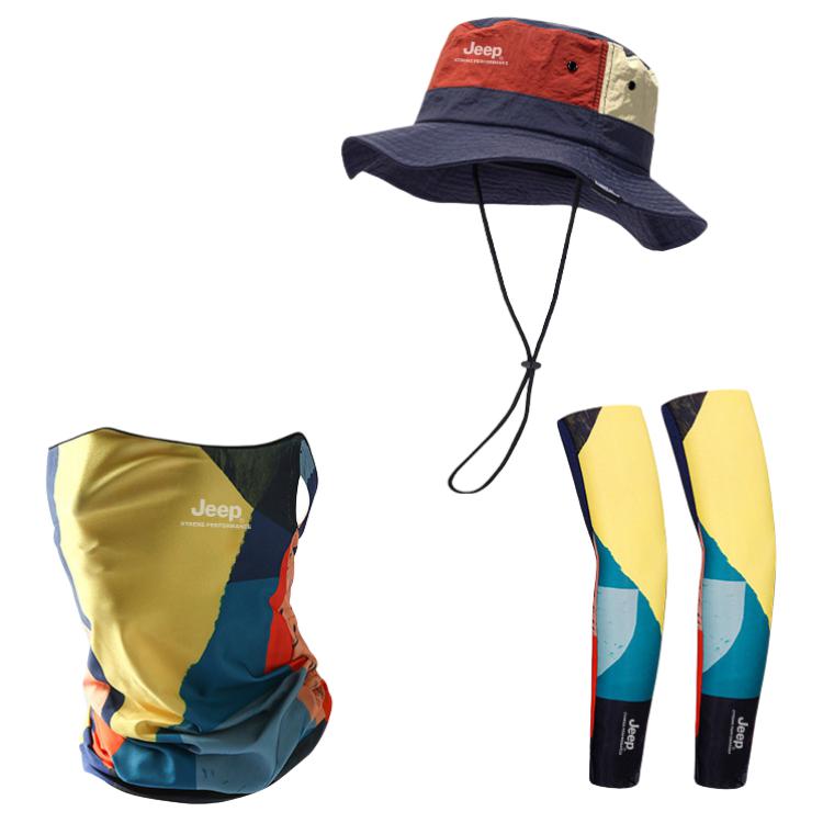 

Jeep Полиамидная панама унисекс, Navy Blue Three-Piece Set (Hats & Caps+Vibrant Orange Ear-Loop Face Mask+Cooling Arm Sleeves)