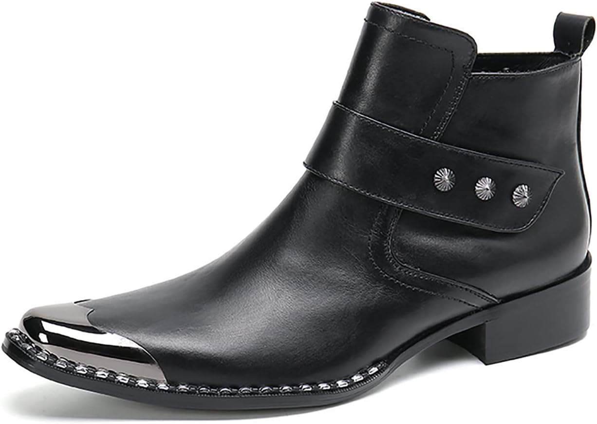 

Мужские ботинки Santimon Mens Chelsea Dress Party из натуральной кожи с квадратным носком, металлическими деталями, на щиколотку, вестерн-стиль, молния, пряжка, повседневные, для диско, бального танца и ковбойские ботинки для мужчин, черный
