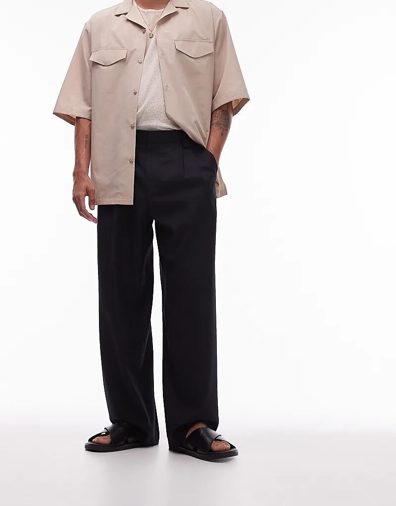 

Брюки широкого кроя из смеси льна черного цвета Topman