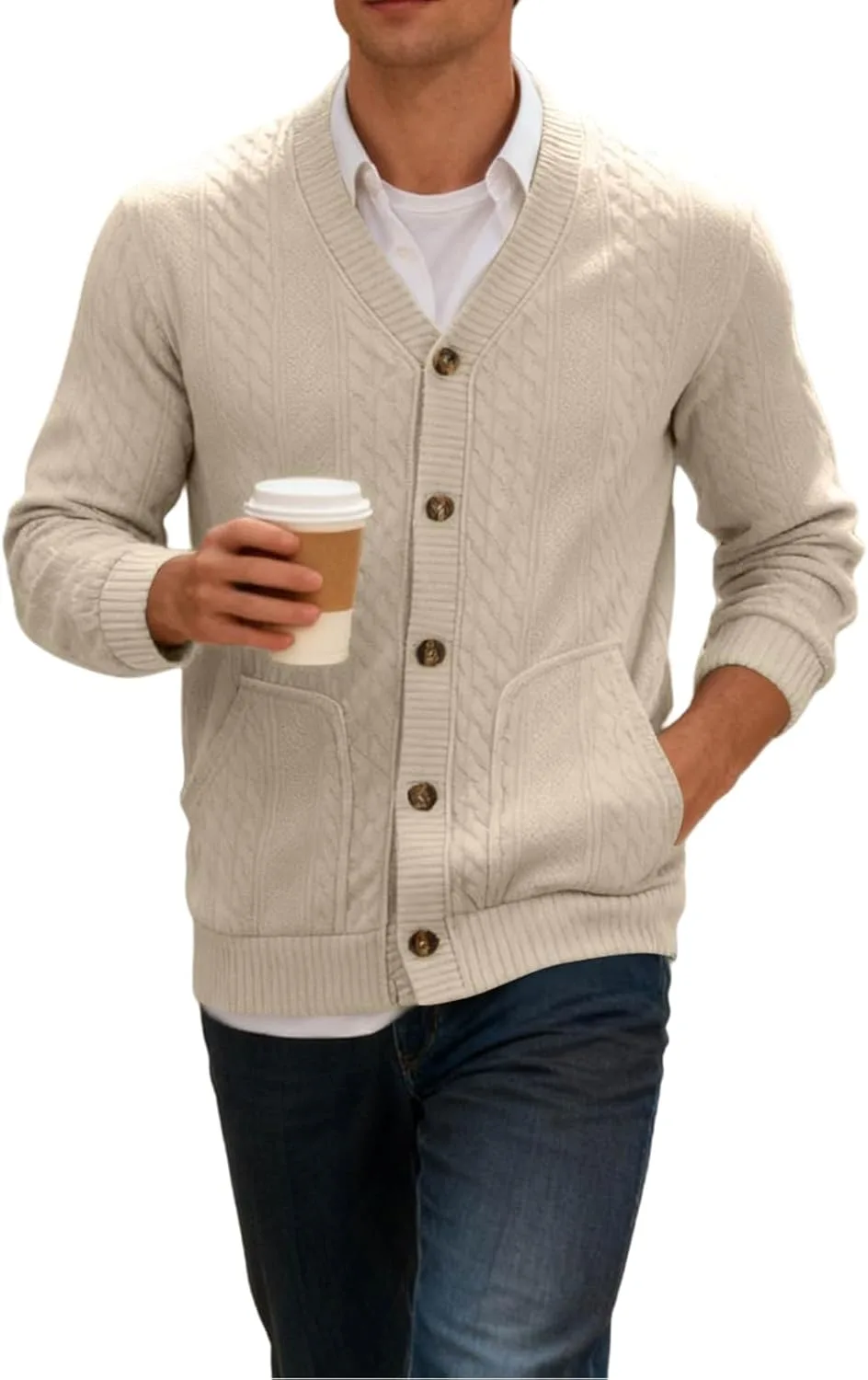 

Мужской кардиган с V-образным вырезом, кабельной вязкой и карманами FQZWONG