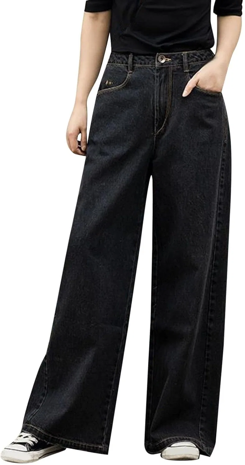 Женские флисовые джинсы Wide Leg с высокой талией, мешковатые, зимние, утепленные, повседневные, для холодной погоды Generic, черный
