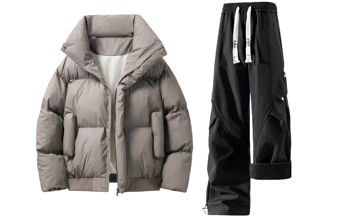 

Повседневная спортивная одежда унисекс стойка утепленная и флисовая подкладка X1617, коричневый серый puffer jacket+черный fleece-lined pants