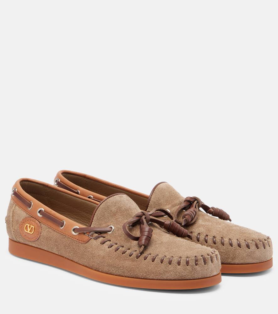 Повседневные замшевые мокасины Palm Avenue с логотипом V Valentino Garavani, Dark Khaki-Tobacco/Bark Brown