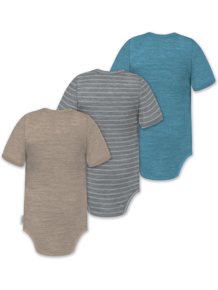 Normani Outdoor Sports Комплект из 3 унисекс комбинезонов-боди с короткими рукавами и пуговицами из мериносовой шерсти для младенцев, синего/серого/бежевого цвета — фото 2