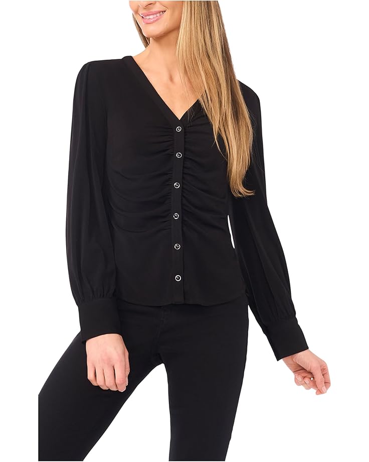 

Женская блузка CeCe Long Sleeve V-Neck Shirred Button Down Knit, Rich Black