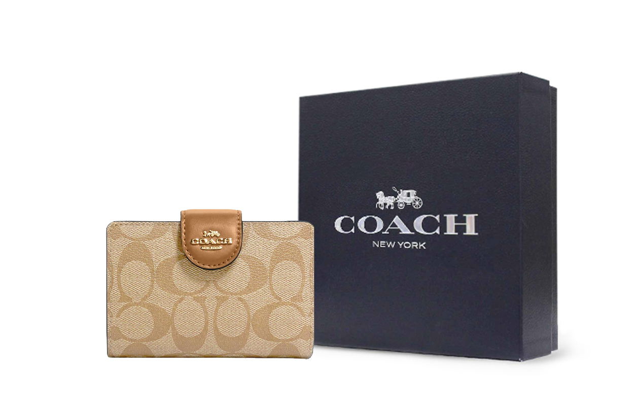 

COACH Угловой кошелек на молнии из прорезиненной ткани с кожаным мешочком для мелочи женский хаки