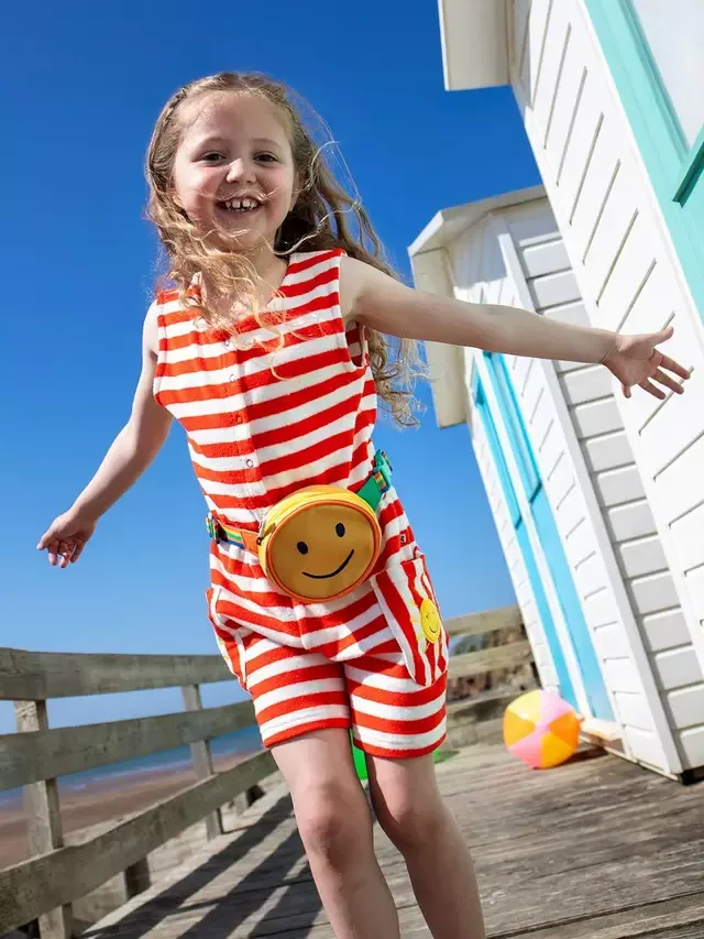 Детский хлопковый комбинезон Harlyn в полоску, цвет папайя/солнце Frugi — фото 2