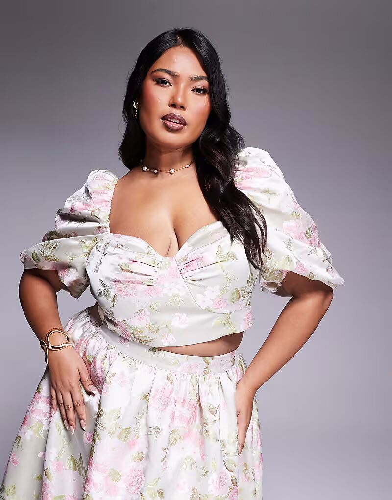 

Топ с рукавами-фонариками ASOS LUXE Curve из жаккардового жаккарда с узором «тюльпан»