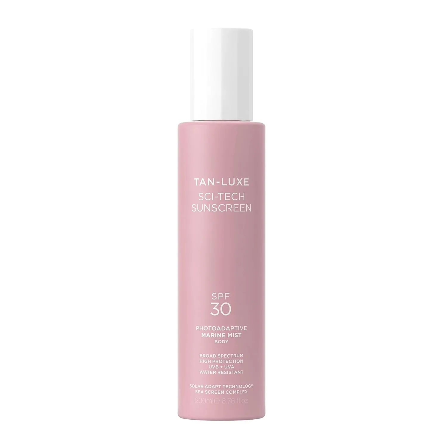 Солнцезащитный спрей для тела Tan-Luxe Sci-Tech Marine Mist, прозрачный, легкий, с технологией Solar Adapt, водостойкий, безопасен для коралловых рифов, веганский, флакон 200 мл., white