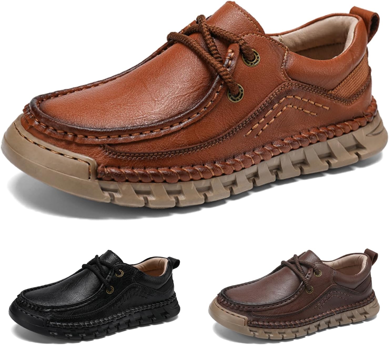 

Мужские повседневные туфли из натуральной кожи с шнуровкой, комфортные, с круглым носком и подошвой с протектором, ручной работы, мокасины для улицы и работы, противоскользящие, для вождения Nejkg, коричневый