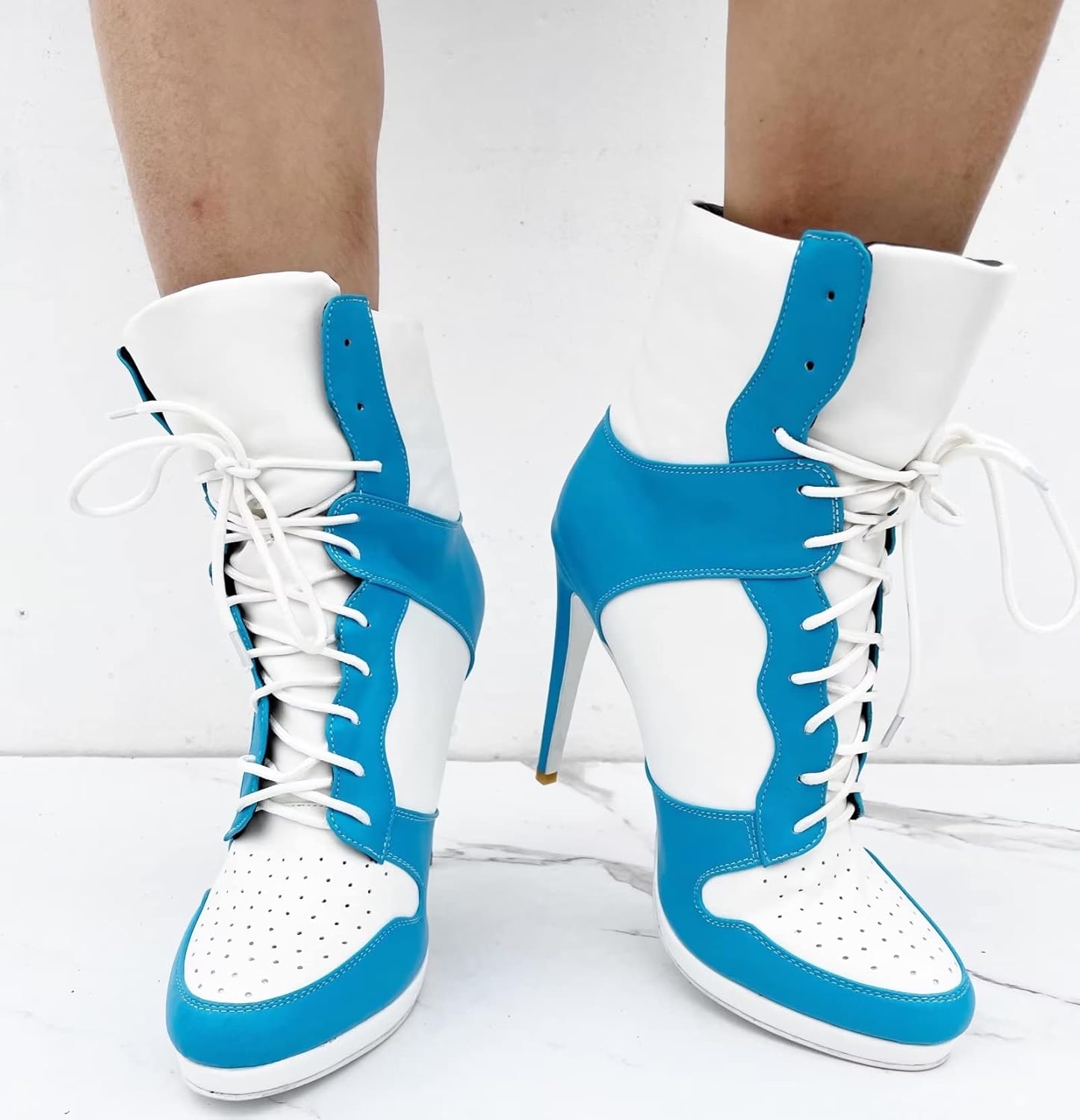 Женские и мужские ботильоны на высоком каблуке Frankie Hsu Stiletto Sport Basketball, повседневные бело-голубые кроссовочного стиля, большие размеры, дизайнерские шнурованные короткие ботинки — фото 4