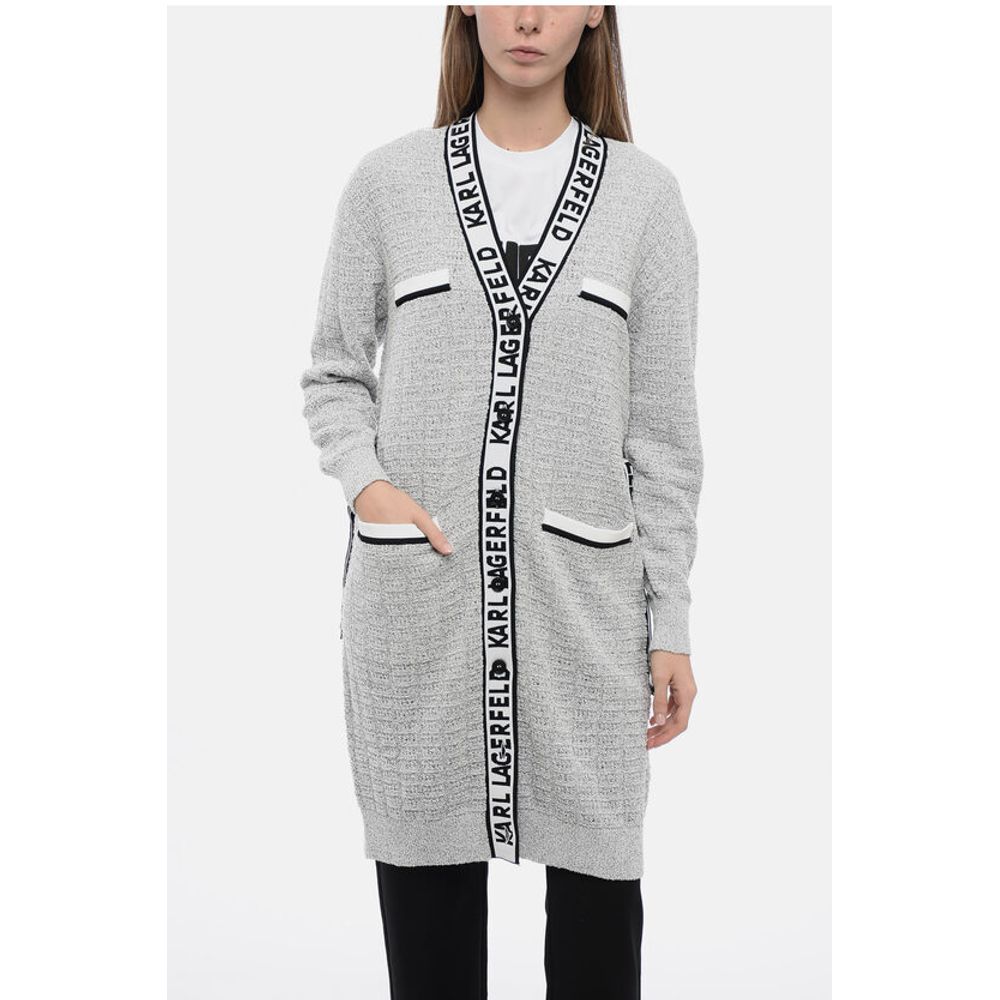 

Женский кардиган из ткани «Букле» с фирменными полосами Karl Lagerfeld, Gray