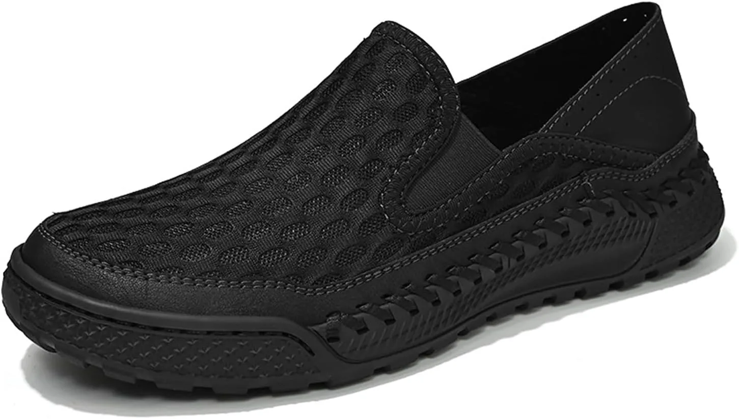 

Мужские дышащие с сеткой мокасины с ручной строчкой, удобные с широким круглым носком, без шнурков, с мягкой подошвой, спортивные легкие нескользящие прогулочные ботинки для улицы и катания на лодке NourIron, черный
