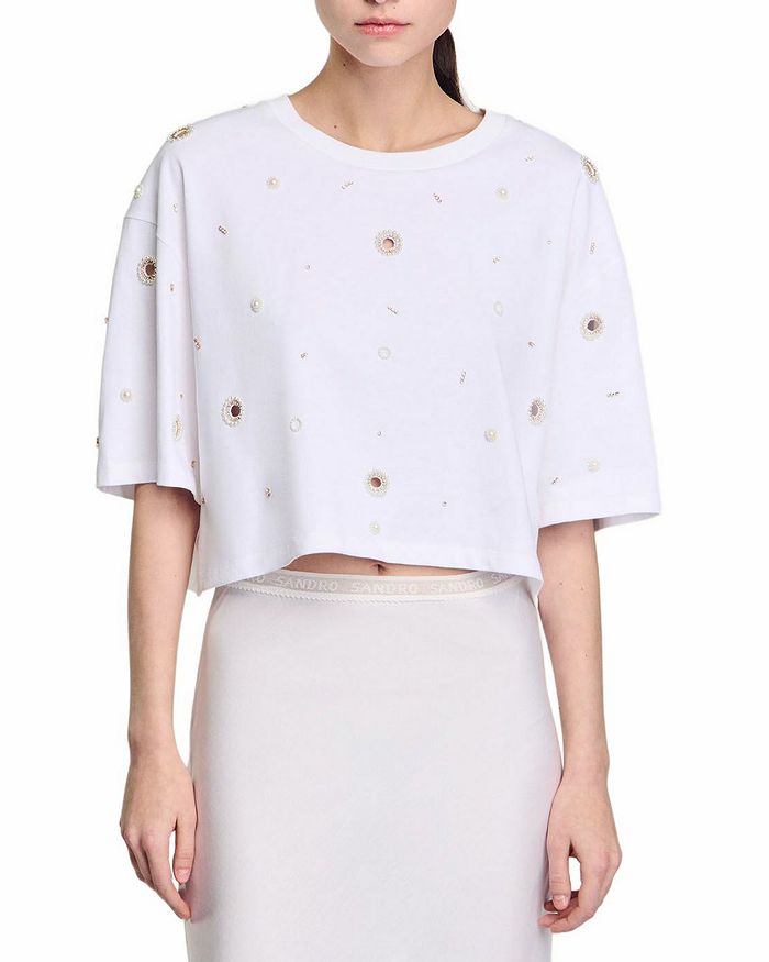 

Короткий топ с жемчужными бусинами Sandro, белый