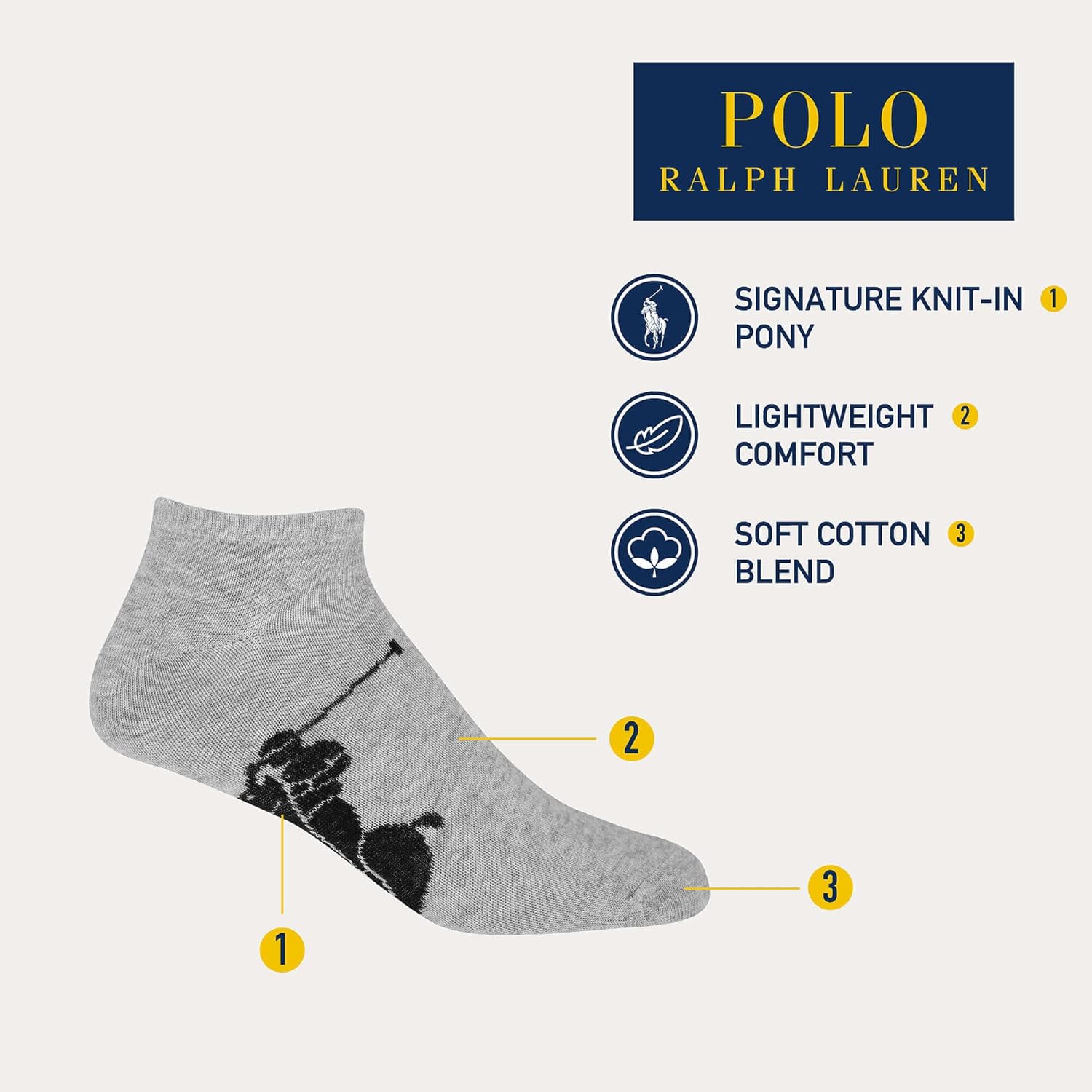 Polo Ralph Lauren мужские классические спортивные носки Big Pony Low Cut - набор из 3 пар - мягкий и легкий комфорт из хлопка, Black, White, Gray Assorted — фото 2