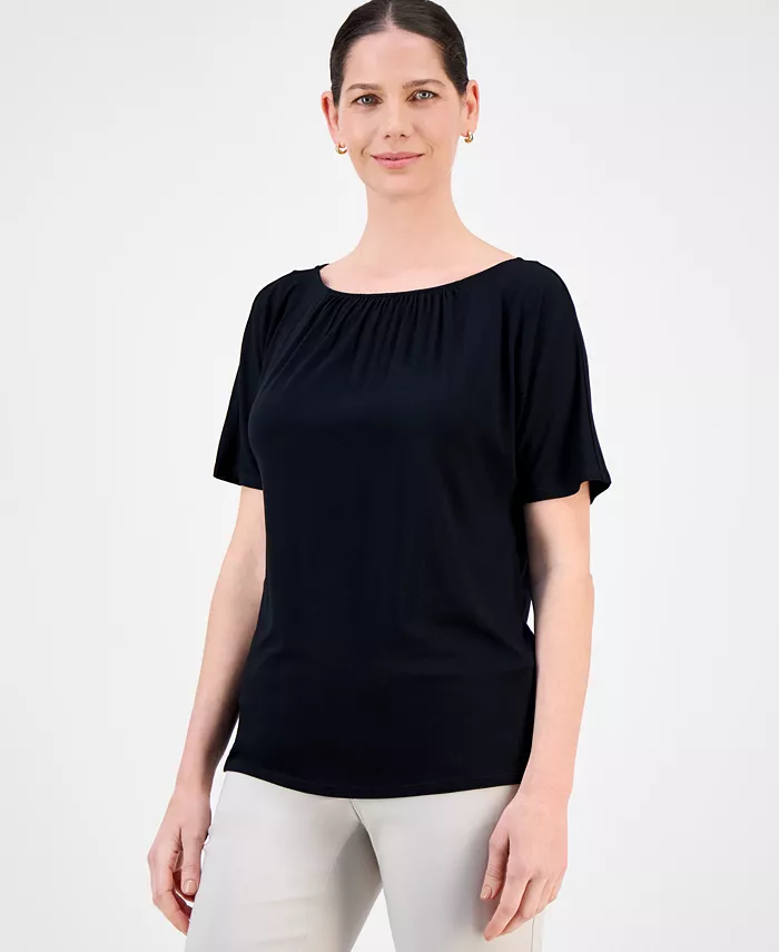 

Женская блузка с коротким рукавом и плиссированной горловиной JM Collection, черный