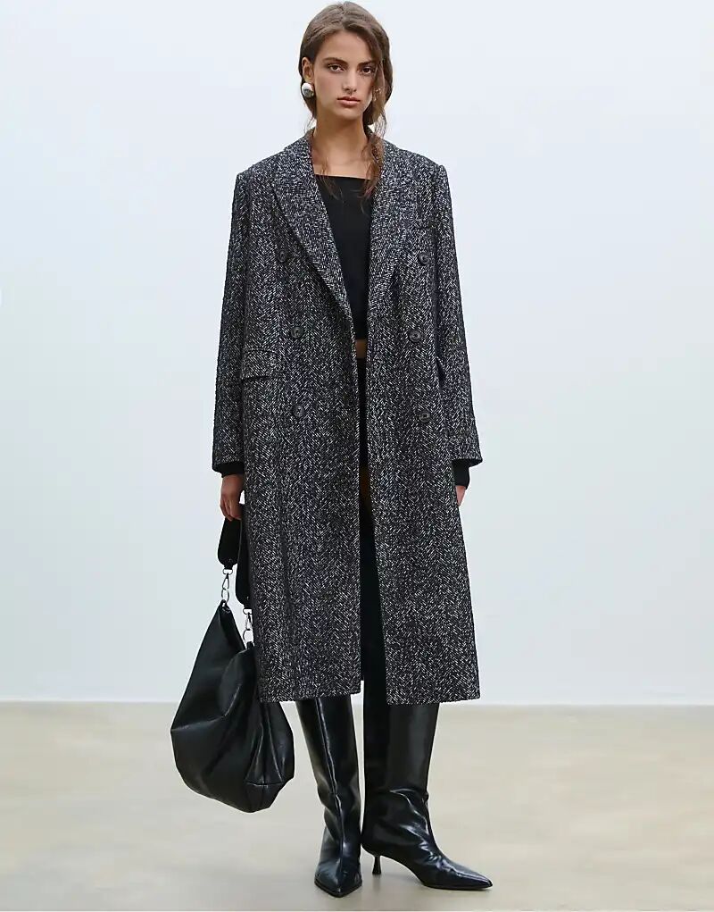 

Пальто Stradivarius Oversize с узором «ёлочка» чёрного цвета