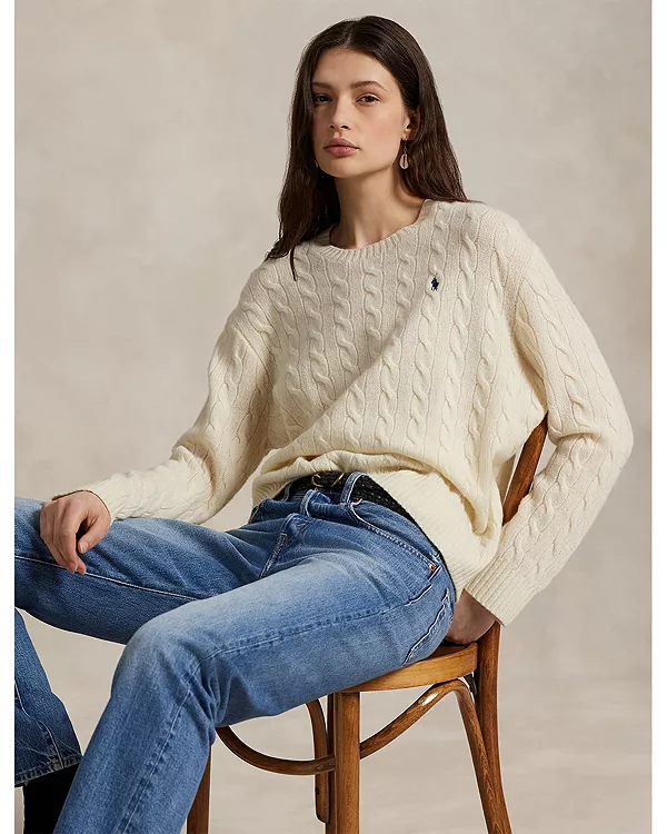 Свитер с круглым вырезом из шерсти и кашемира с косами Ralph Lauren, белый — фото 4