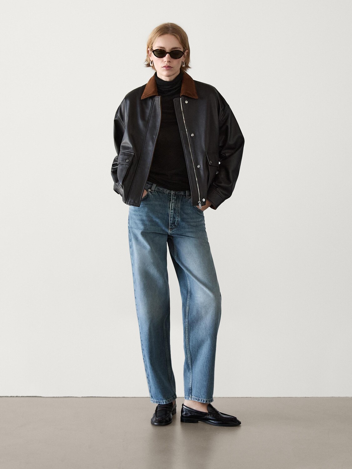 

Куртка из кожи наппа с вельветовым воротником Massimo Dutti, коричневый