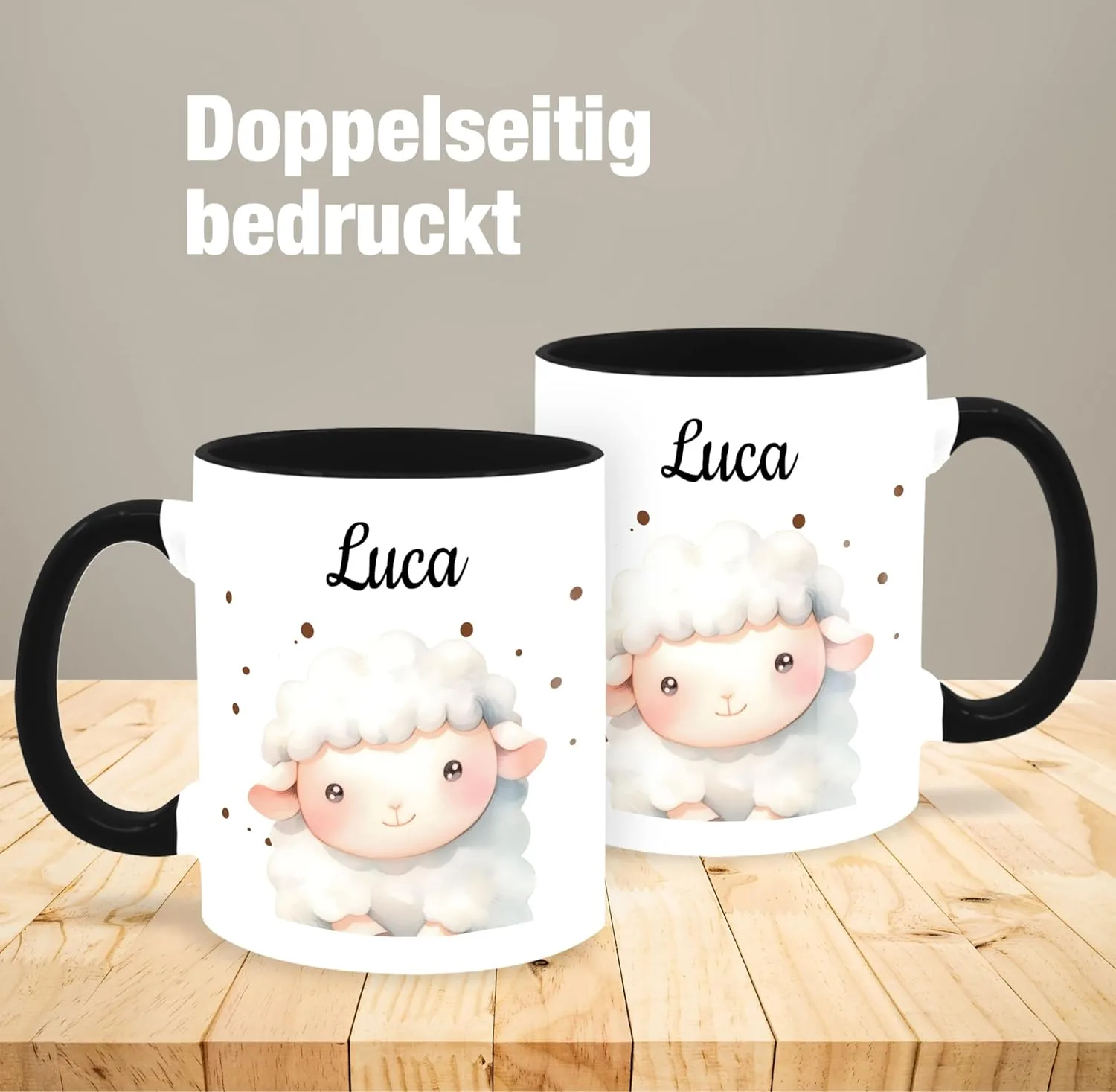 Кружка 325 мл с именем - милый барашек, детский мотив, черная Geschenk mit Namen personalisiert by Shirtracer — фото 4