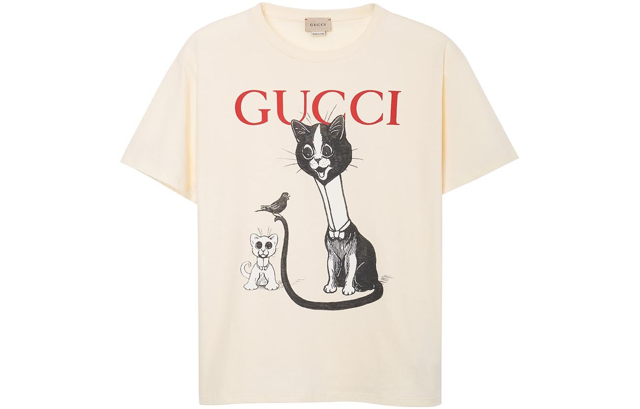 Футболка детская Gucci с рисунком котов, бежевый — фото 2