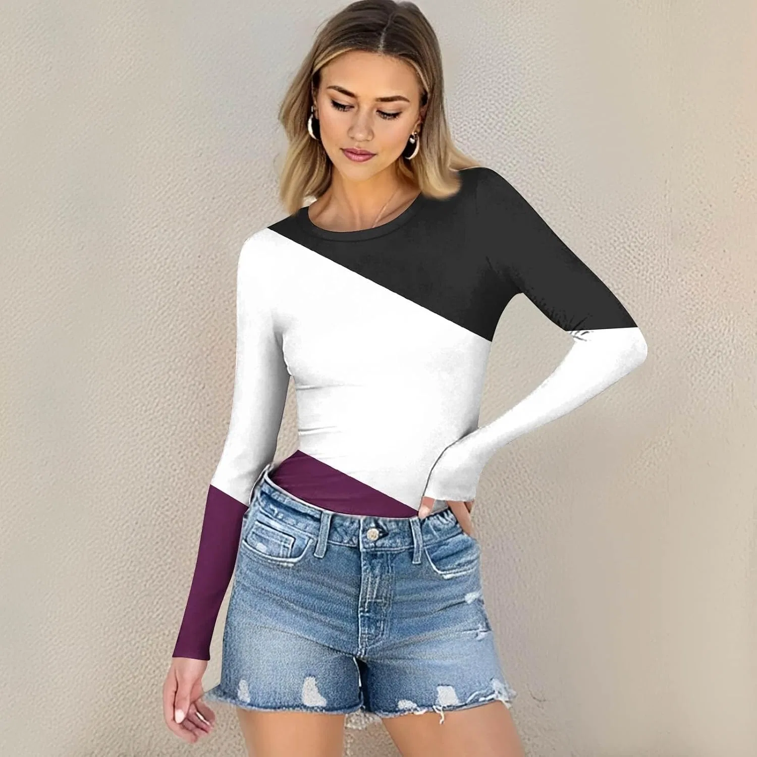 Женская футболка с длинным рукавом, полоска, Slim Fit, Generic, 4-purple — фото 3