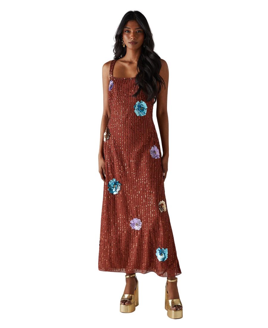 

Женское миди-платье с ручной вышивкой в виде цветочного взрыва Warehouse, Rust