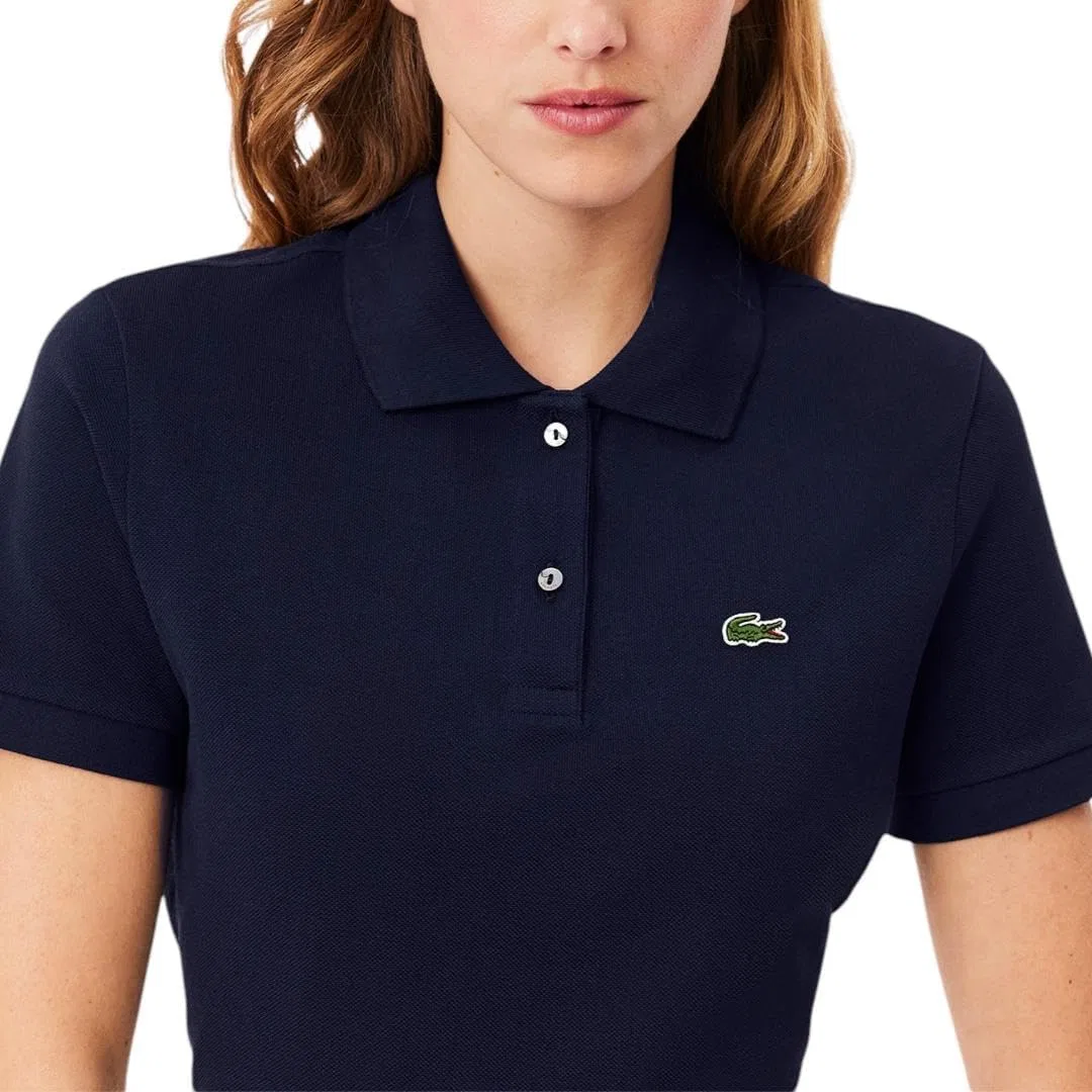 Женская классическая поло Lacoste, короткий рукав, пике, зеленый крокодил, белый — фото 4