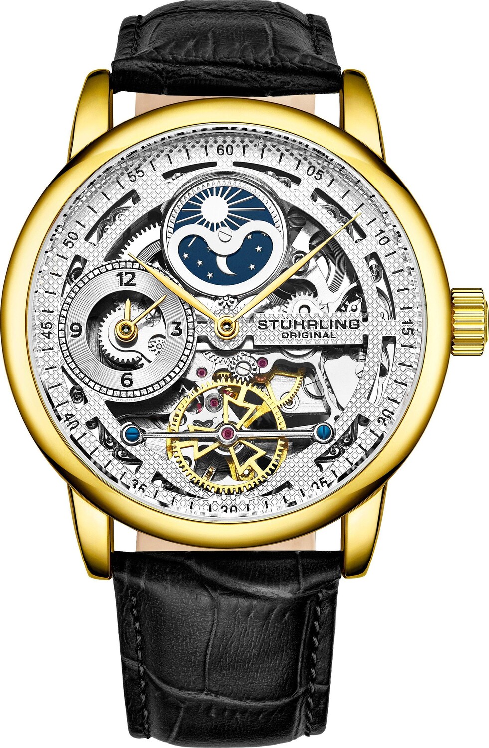 

Автоматические часы-скелетон Stuhrling 3917, двойной временной циферблат, индикатор AM/PM и кожаный ремешок с тиснением под кожу аллигатора для изысканного стиля STÜHRLING Original, золото