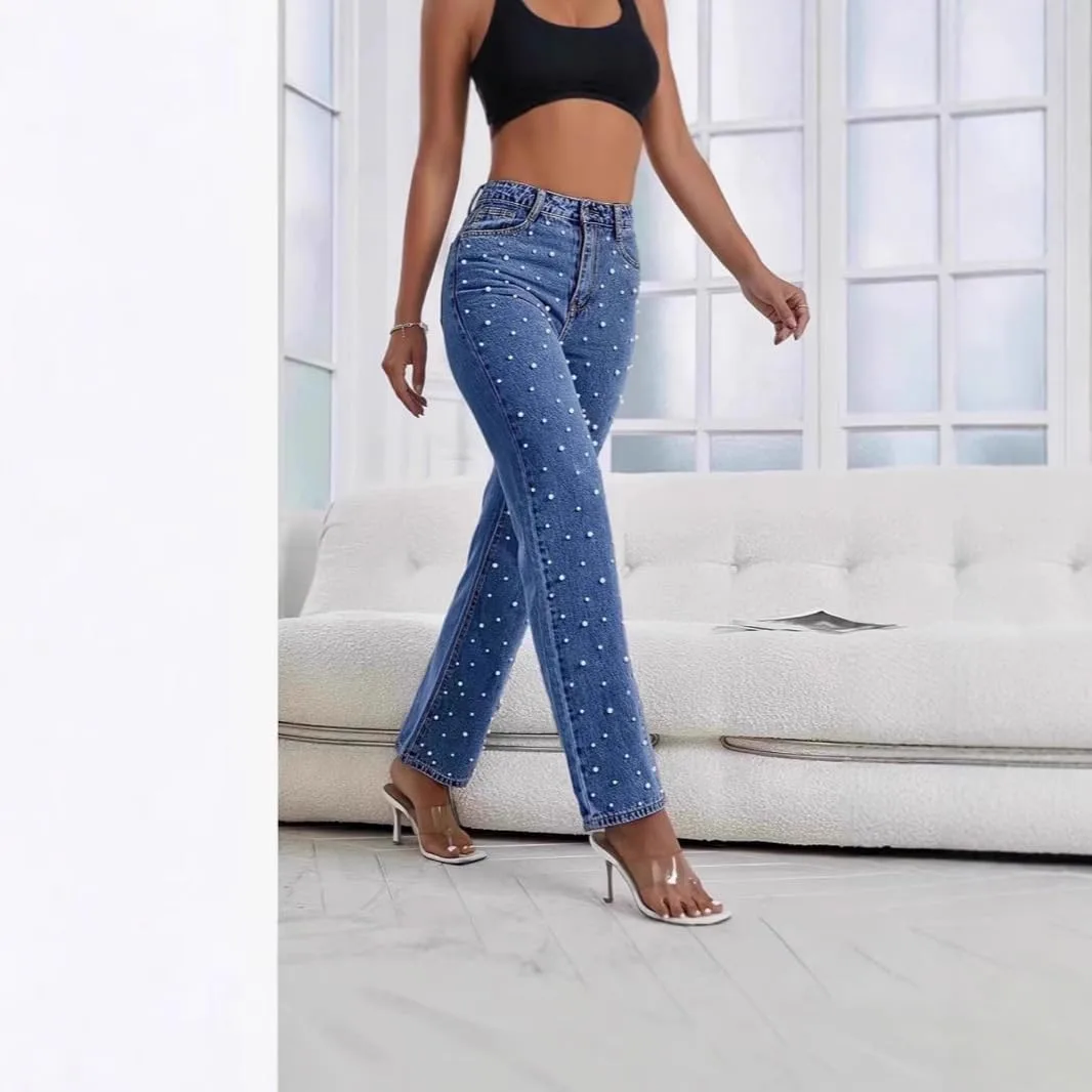 Женские джинсы Mid Waisted Wide Leg с прямым свободным кроем, потертые, с бисером — фото 3