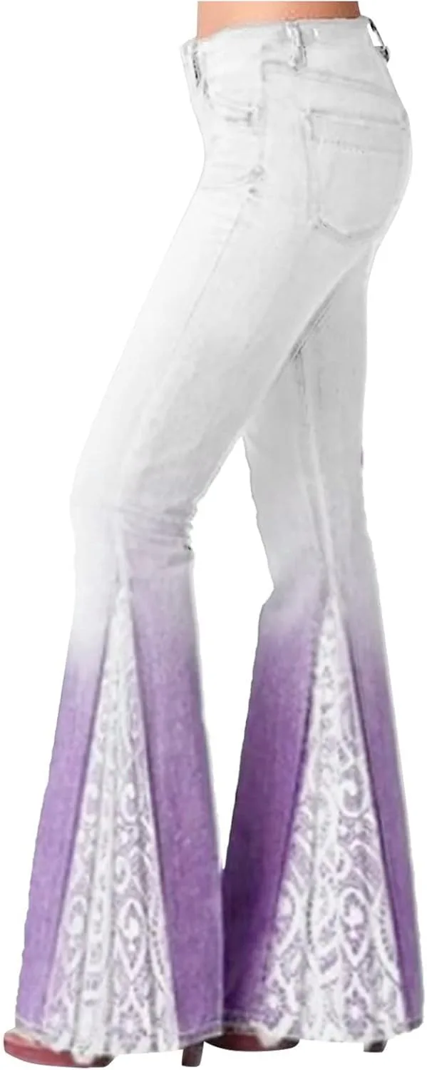 

Женские джинсы-клеш с кружевной вставкой и градиентом