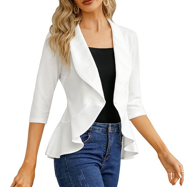 

Женский кардиган-блейзер с 3/4 рукавом, открытым передом и рюшами по низу для офиса и повседневной носки Seoria, White
