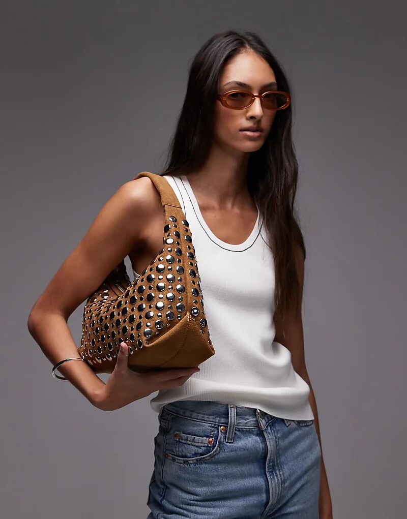 

Сумка через плечо Topshop Samantha с заклепками бежевого цвета