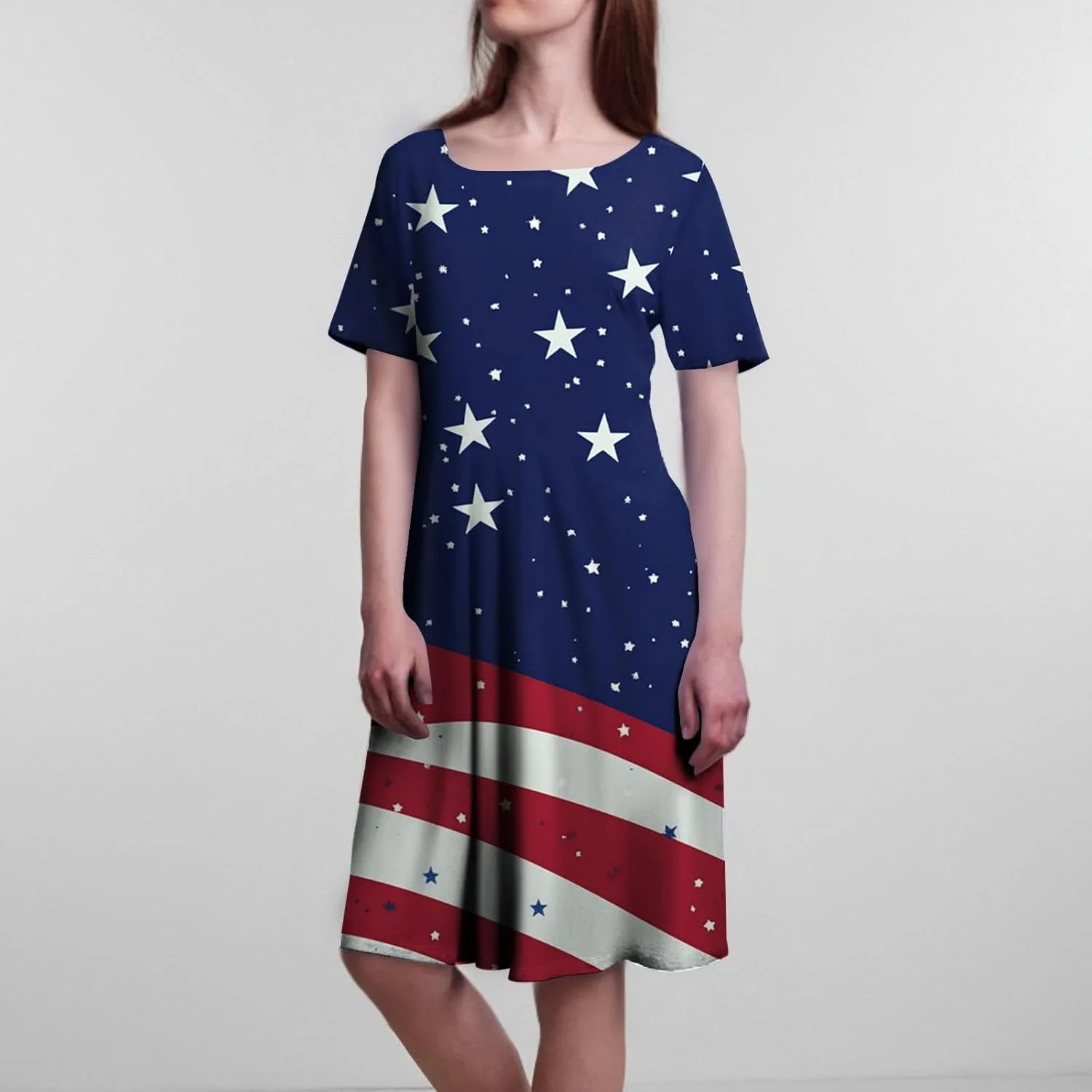 generic Платье 4Th of July для женщин миди патриотическое летнее платье A Line с круглым вырезом и коротким рукавом вечернее элегантное — фото 3