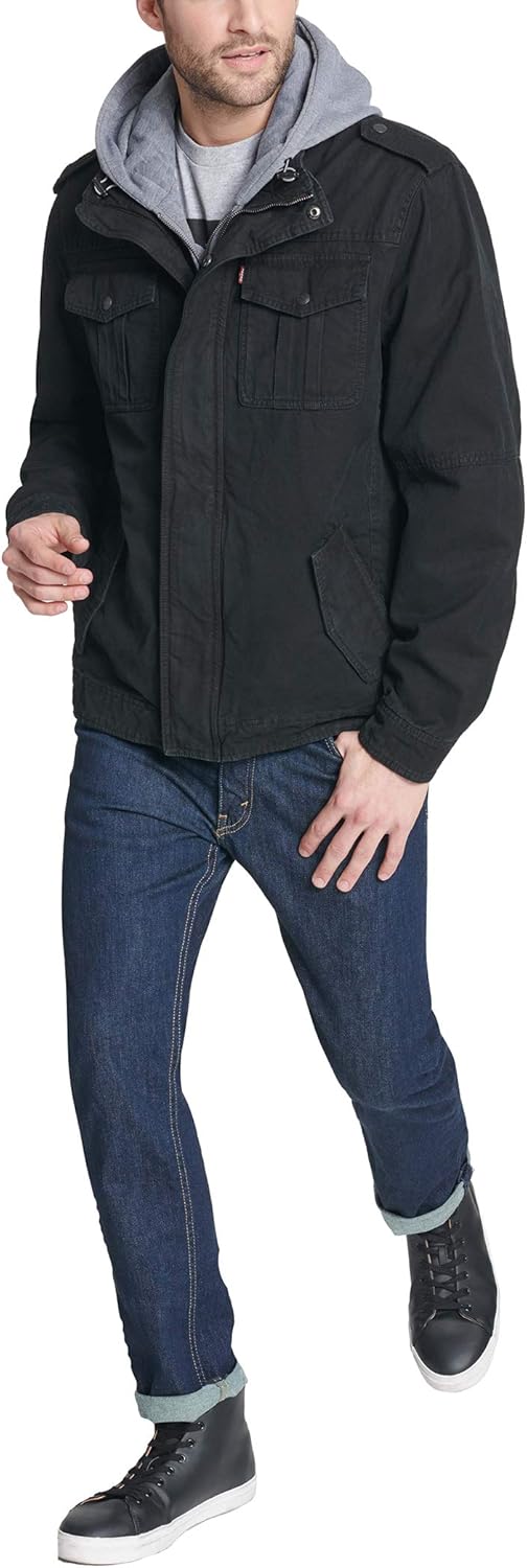 Мужская военная куртка Levi's из стираного хлопка с капюшоном (стандартные размеры, большие и высокие), Black/Sherpa Lined — фото 3