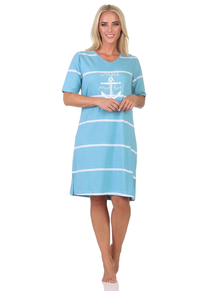 

NORMANN Ночная рубашка из махровой ткани с короткими рукавами, в морском стиле, 125 214 93 920, светло-голубого цвета