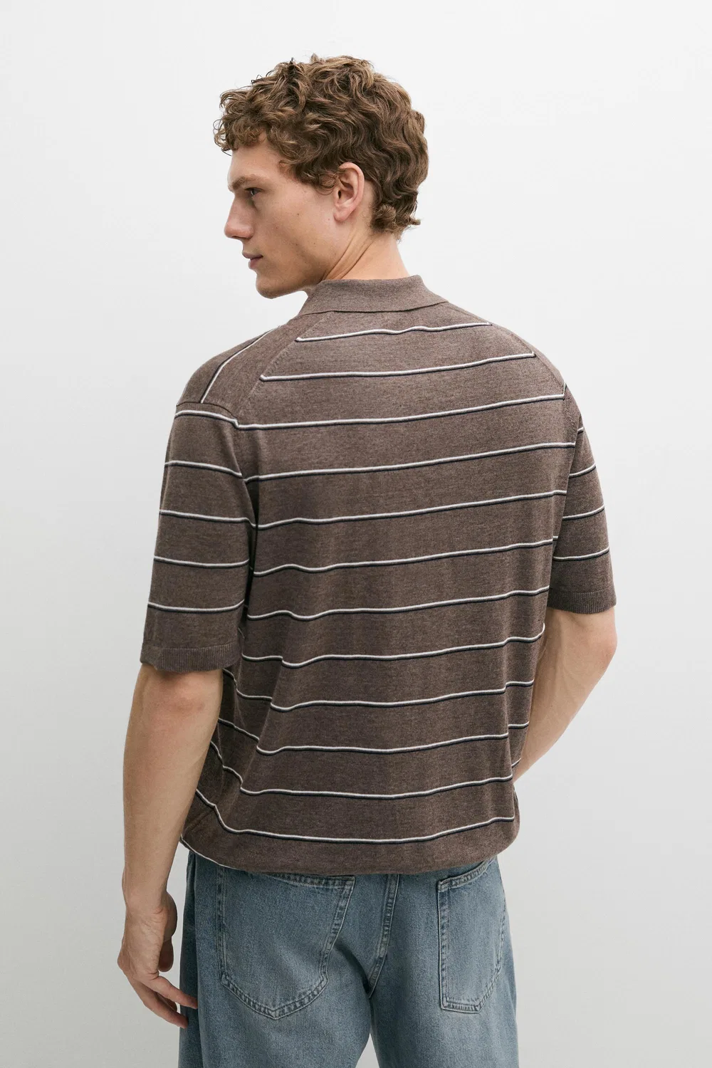 Поло Massimo Dutti Striped Knit V-neck Shirt, коричневый — фото 4