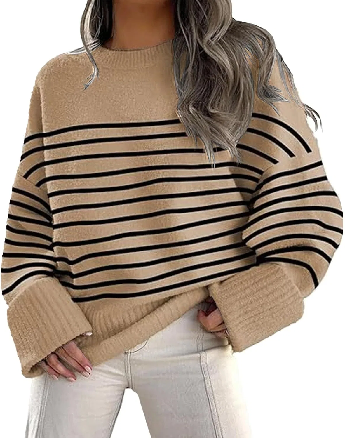 Женский пуловер оверсайз с хлопковым ворсом, Camel Black Stripes