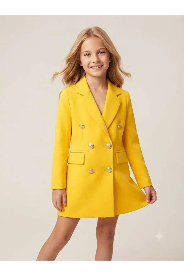 Детский блейзер для девочек с двубортным кроем Mother daughter gold buttoned blazer jacket Hilal Akıncı Kids, Hardal — фото 2