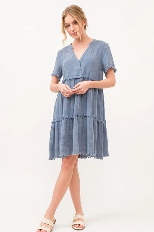Женское повседневное платье с бахромой Washed Frayed Detail Tiered Dress, Blue — фото 2