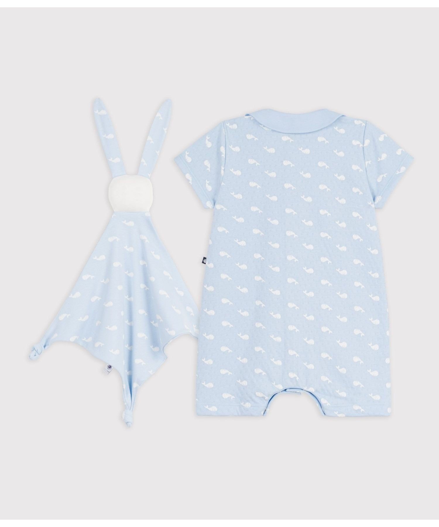 Комбинезон с китовым принтом и комплект Doudou (в упаковке) PETIT BATEAU, Light Blue/Off White — фото 2
