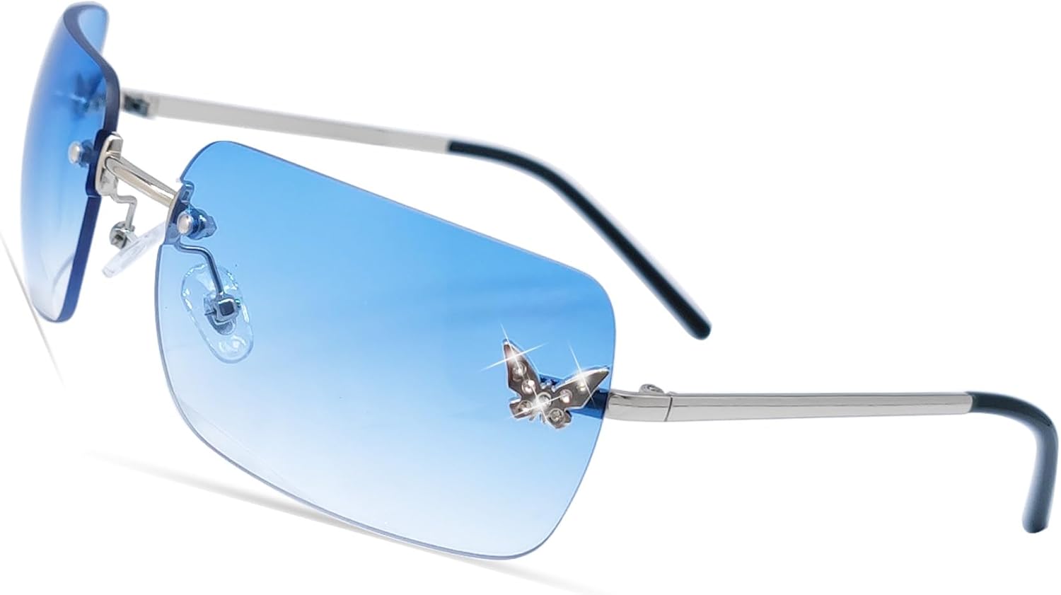 

Солнцезащитные очки без оправы в стиле Y2K для женщин и мужчин, модные солнцезащитные очки с обтекаемой формой, тонированные линзы, солнцезащитные очки в стиле 2000-х, модель «бабочка» Mriendao, Silver\gradient Blue