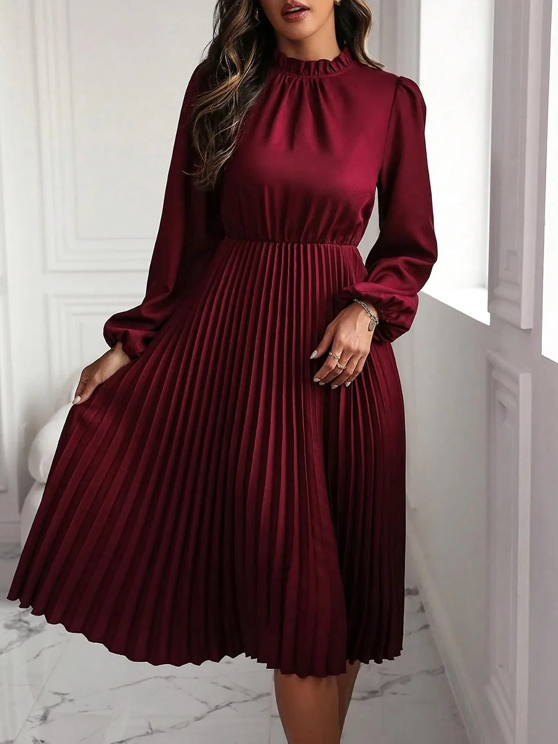 Женское A-силуэта миди-платье с фонариками Generic, Maroon — фото 4