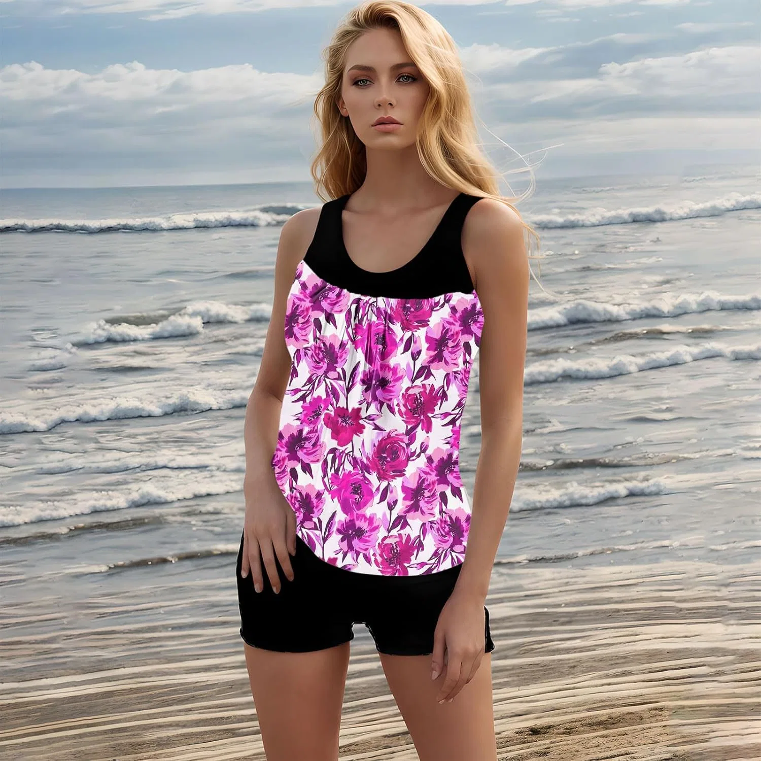 Женский танкини-комплект с цветочным принтом Athletic Swimwear, Hot Pink — фото 4