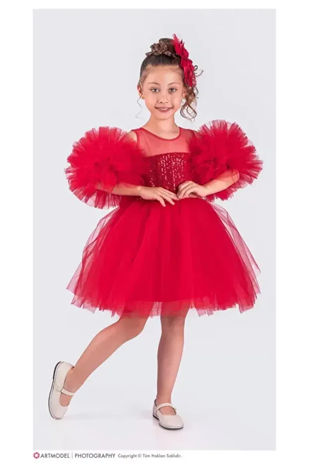 Детское платье для девочек с цветочным принтом Pompom Party Outfit Diamondstar, Red