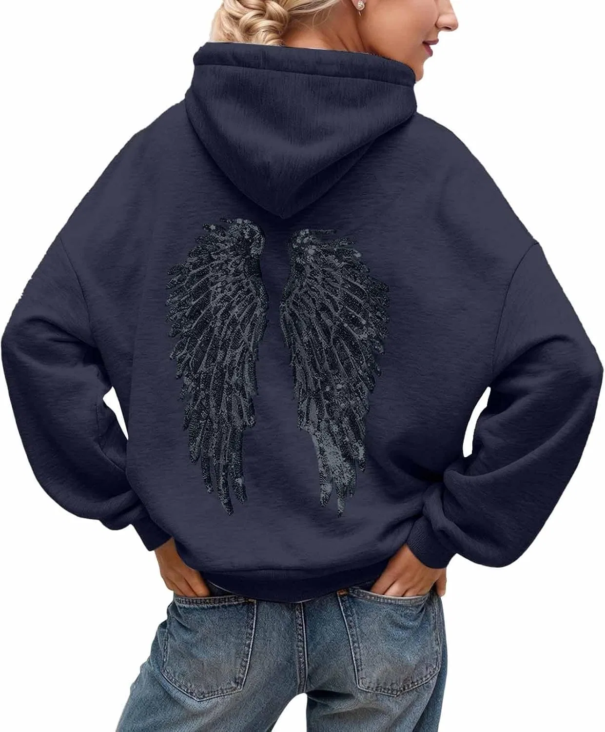 Женское худи с длинным рукавом, с пайетками, модель Angel Wings, тёмно-синий