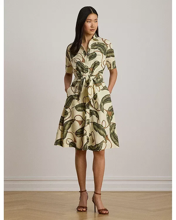 Женское льняное платье с принтом Rope Print Tie Front Linen Shirtdress Ralph Lauren, White Multi — фото 2