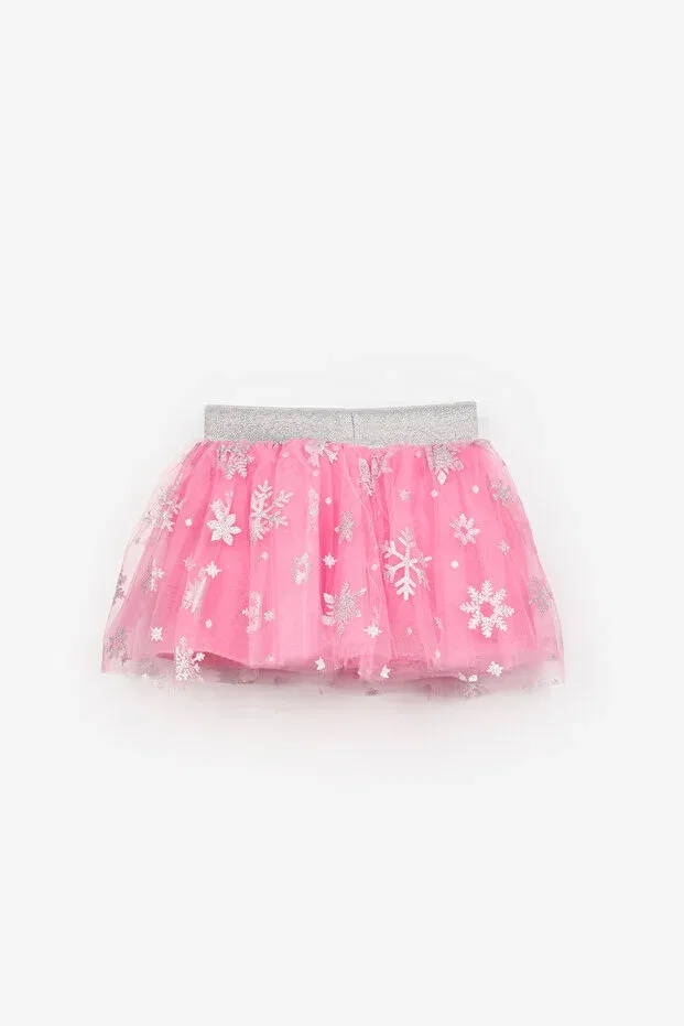 Детская юбка для девочек с принтом Fuchsia Snowflake Printed Girl's Tulle Skirt Pauline Le Mabelle, Fuchsia — фото 3
